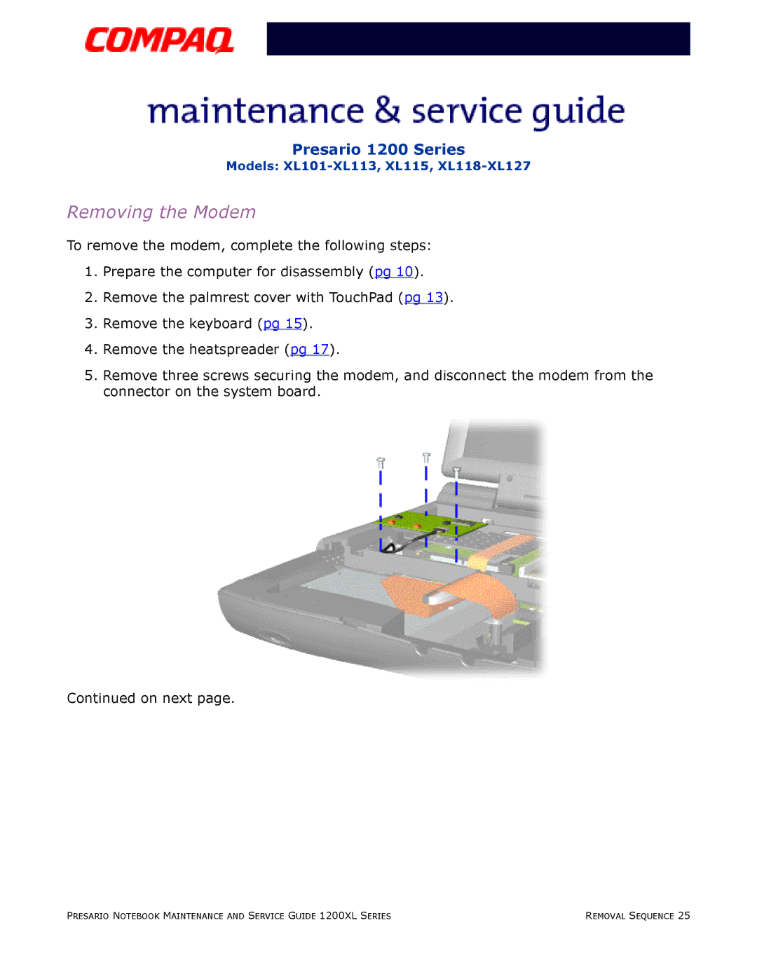 Compaq XL115, XL118-XL127, XL101-XL113 manual Removing the Modem 