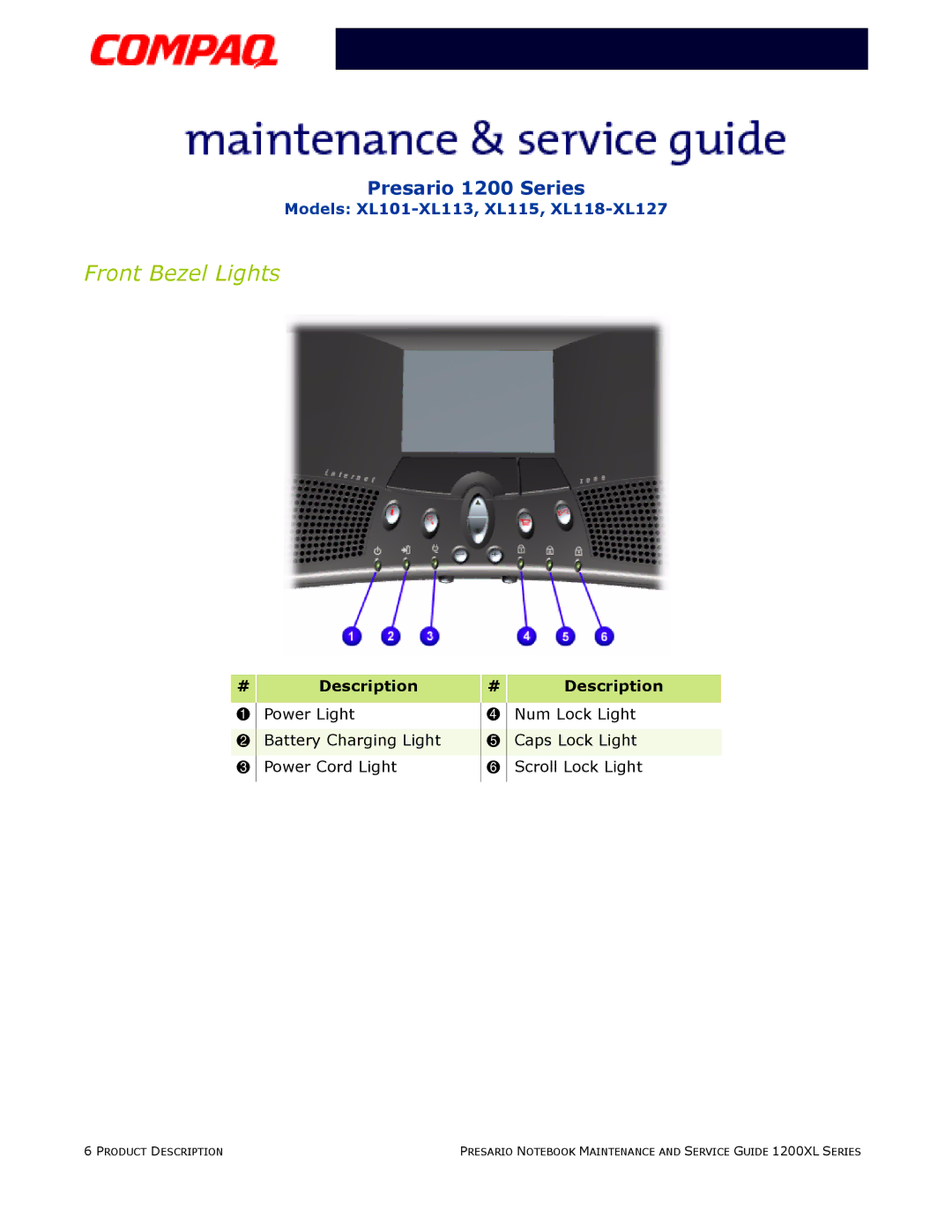Compaq XL115, XL118-XL127, XL101-XL113 manual Front Bezel Lights 