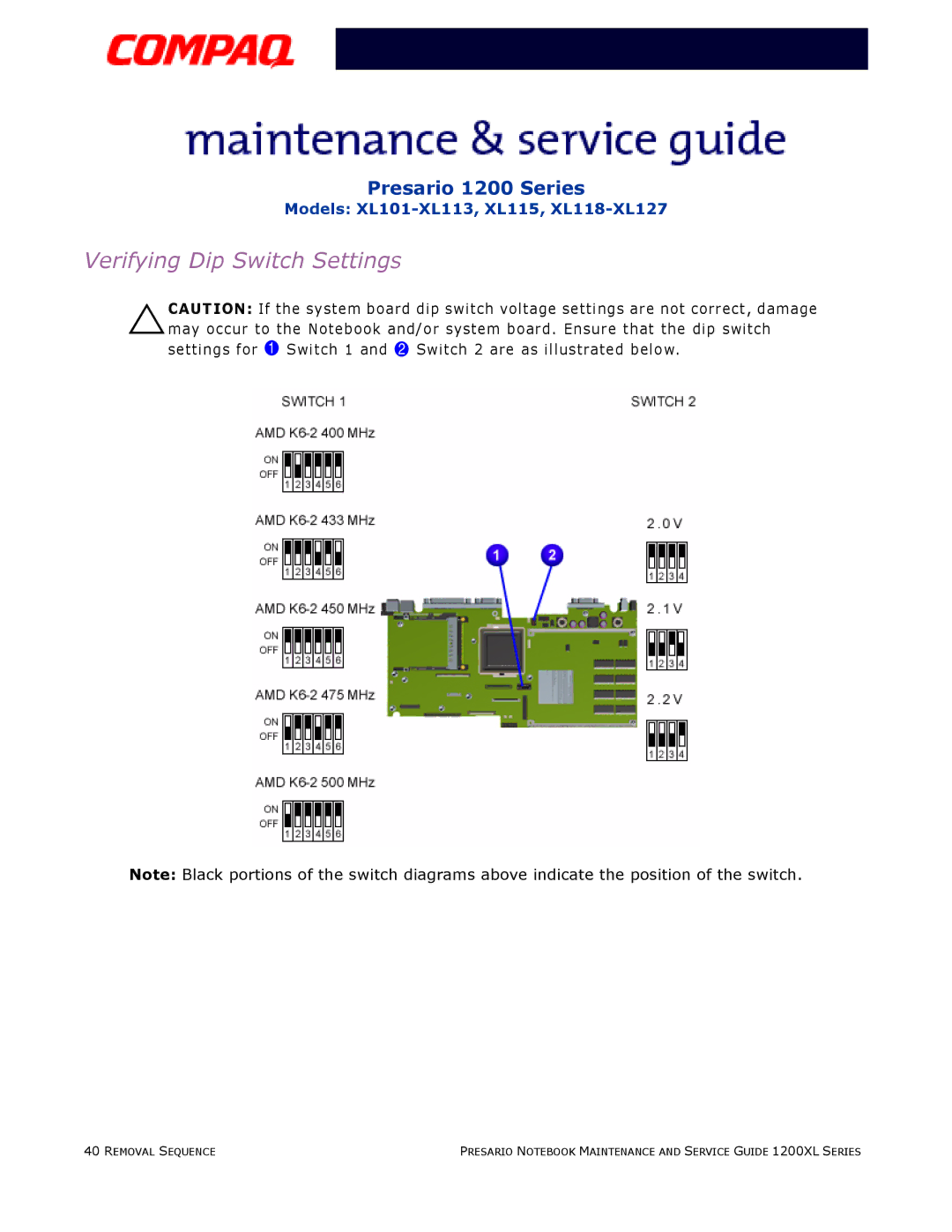 Compaq XL115, XL118-XL127, XL101-XL113 manual Verifying Dip Switch Settings 