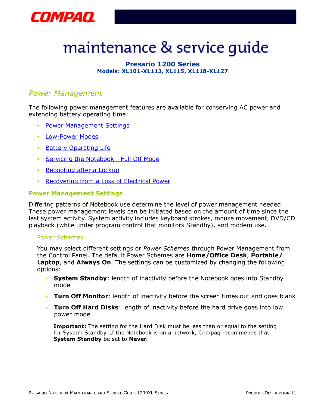 Compaq XL101-XL113, XL115, XL118-XL127 manual Power Management Settings 