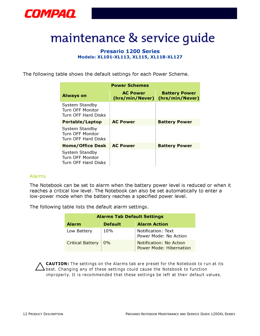 Compaq XL115, XL118-XL127, XL101-XL113 manual Alarms Tab Default Settings Alarm Action 