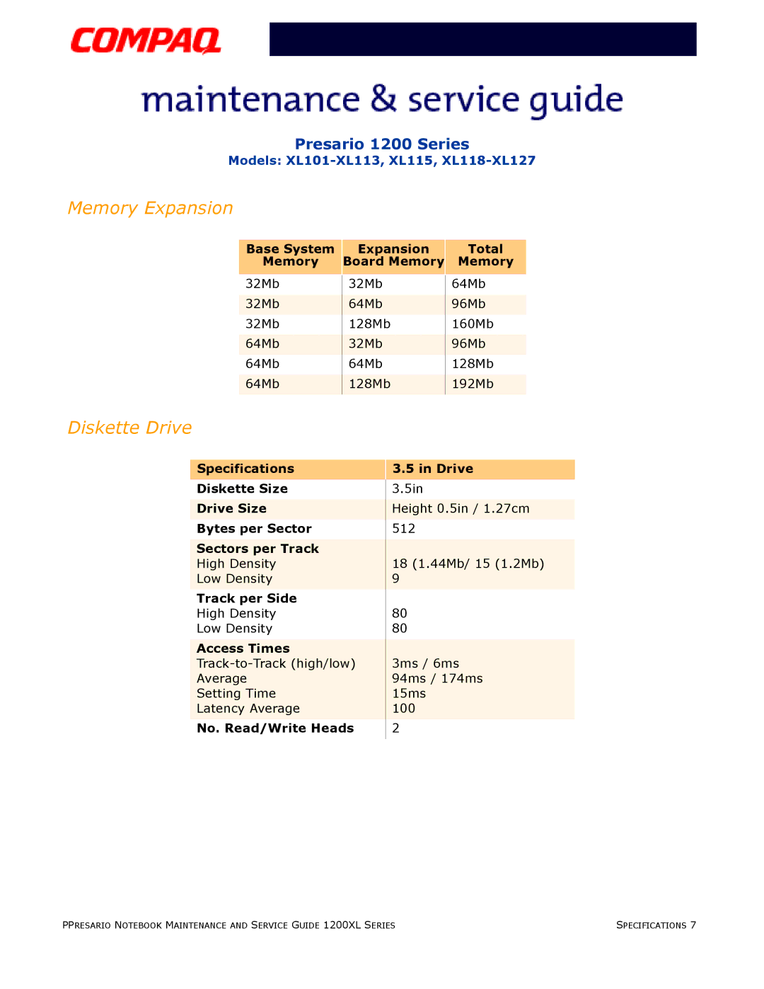 Compaq XL118-XL127, XL115, XL101-XL113 manual Base System Expansion Memory Board Memory Total, Track per Side, Access Times 