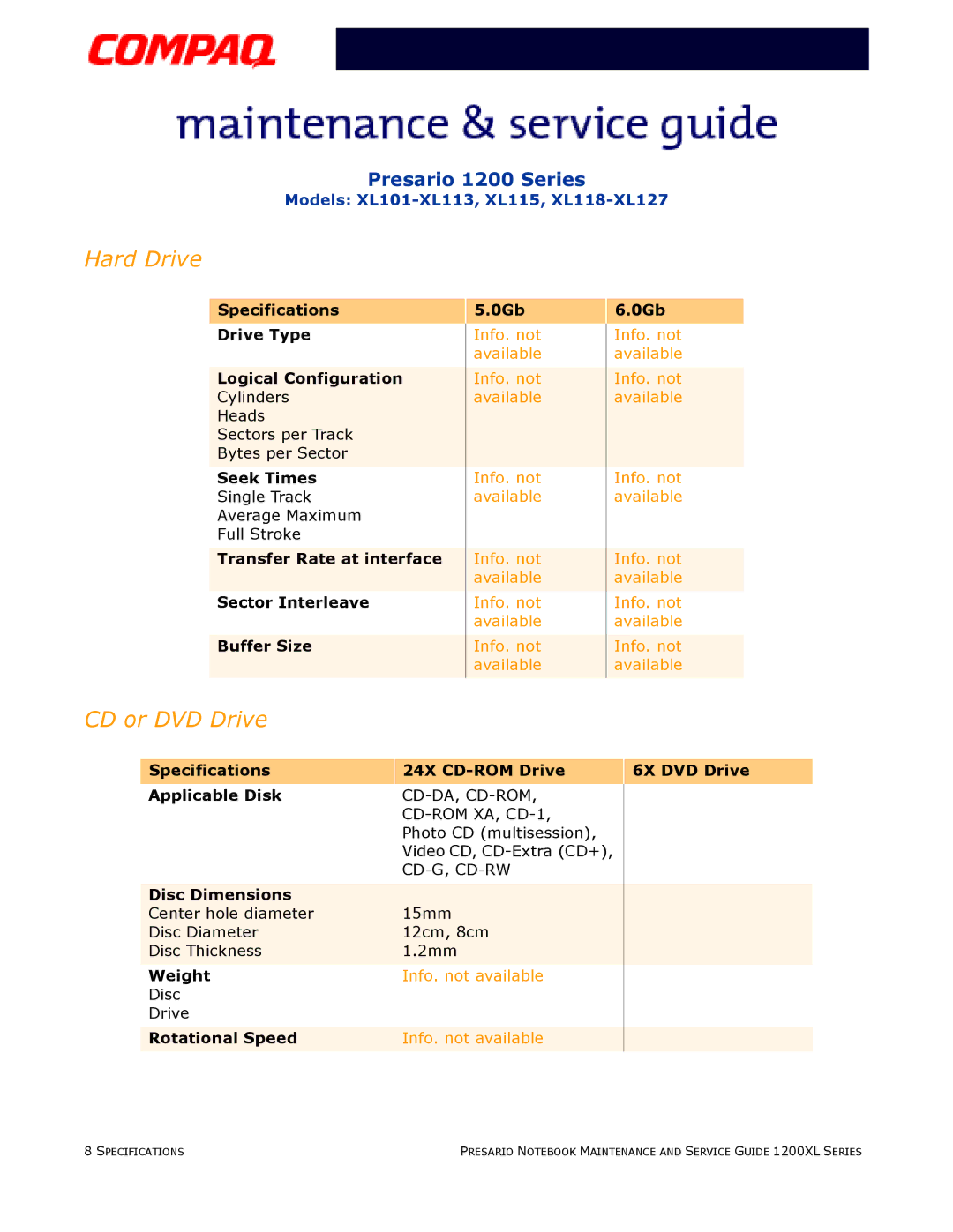 Compaq XL101-XL113, XL115, XL118-XL127 manual Specifications Drive Type Logical Configuration, Seek Times, Weight 