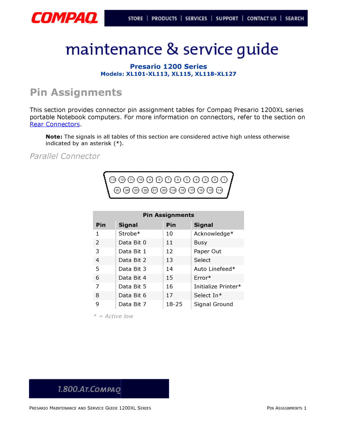 Compaq XL101-XL113, XL115, XL118-XL127 manual Pin Assignments Signal 