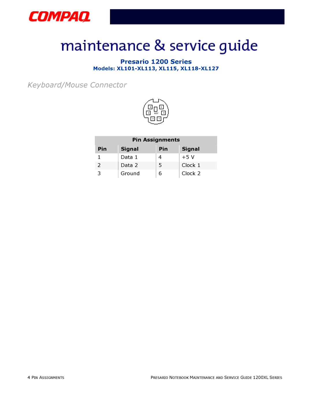 Compaq XL101-XL113, XL115, XL118-XL127 manual Keyboard/Mouse Connector 