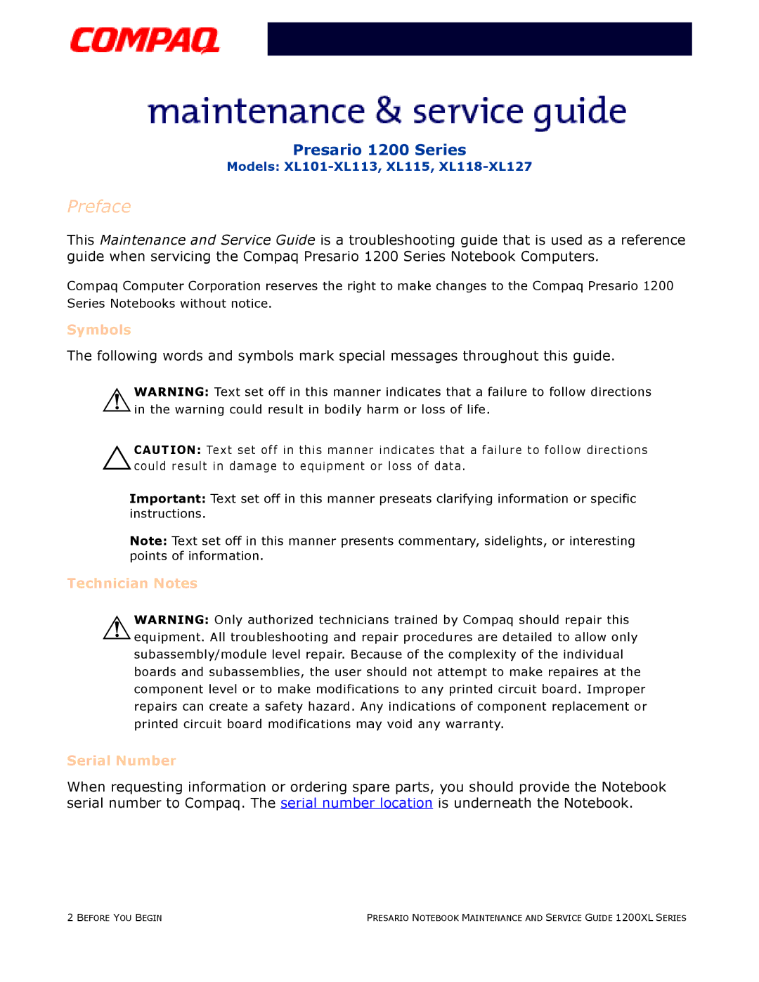 Compaq XL118-XL127, XL115, XL101-XL113 manual Preface 