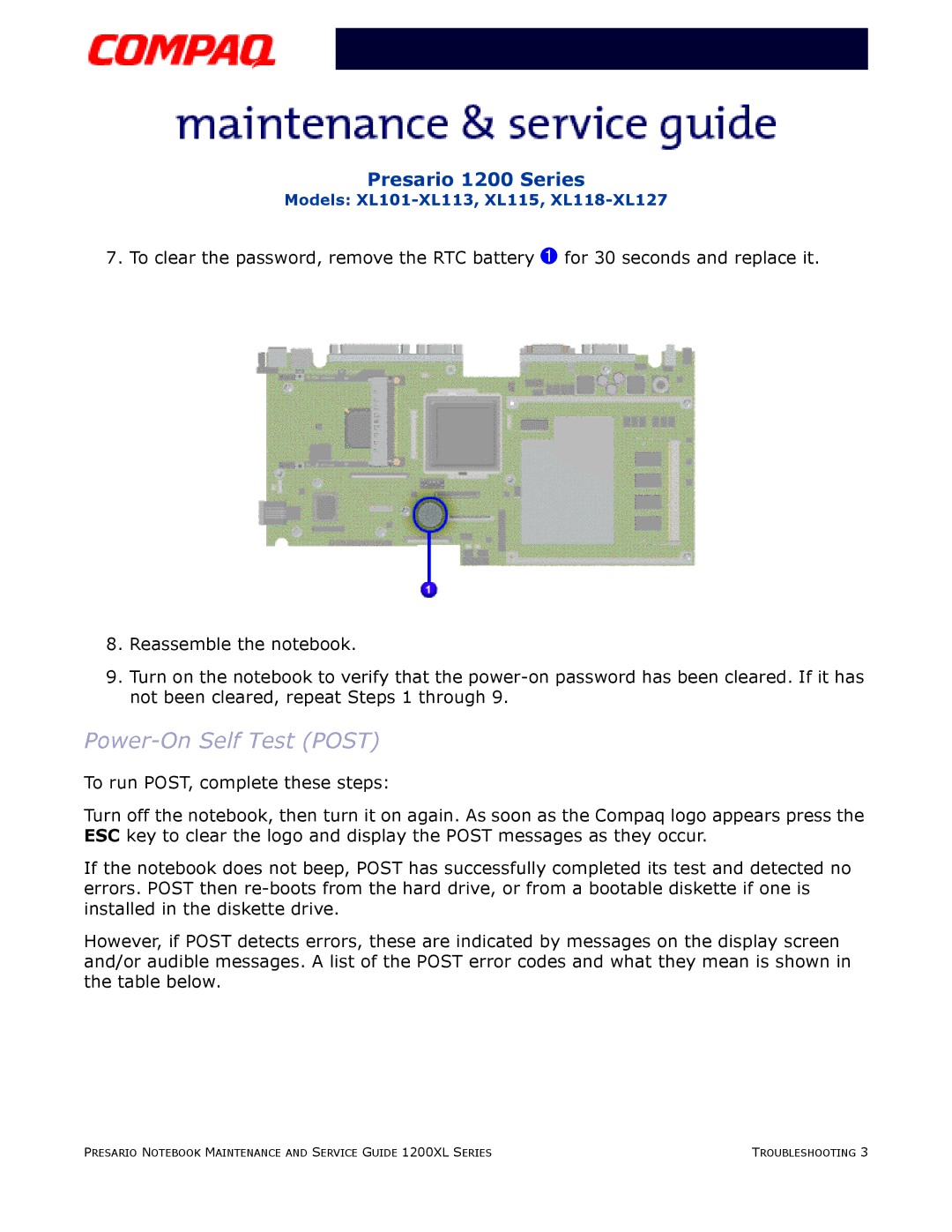 Compaq XL115, XL118-XL127, XL101-XL113 manual Power-On Self Test Post 