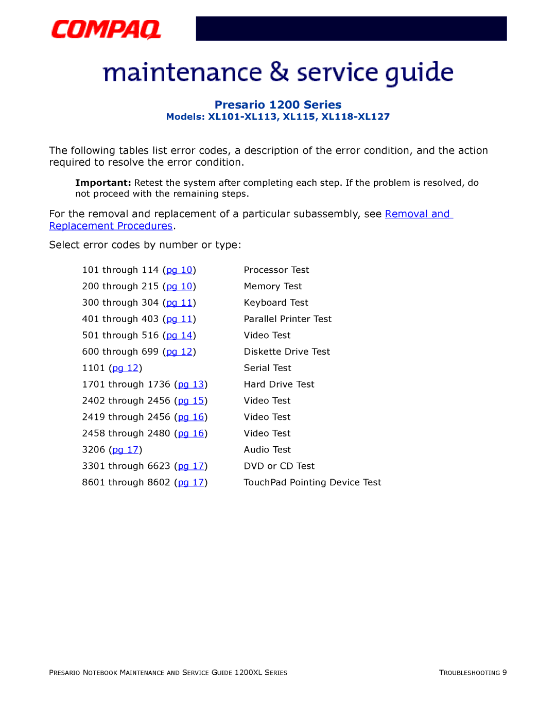 Compaq XL115, XL118-XL127, XL101-XL113 manual TouchPad Pointing Device Test 