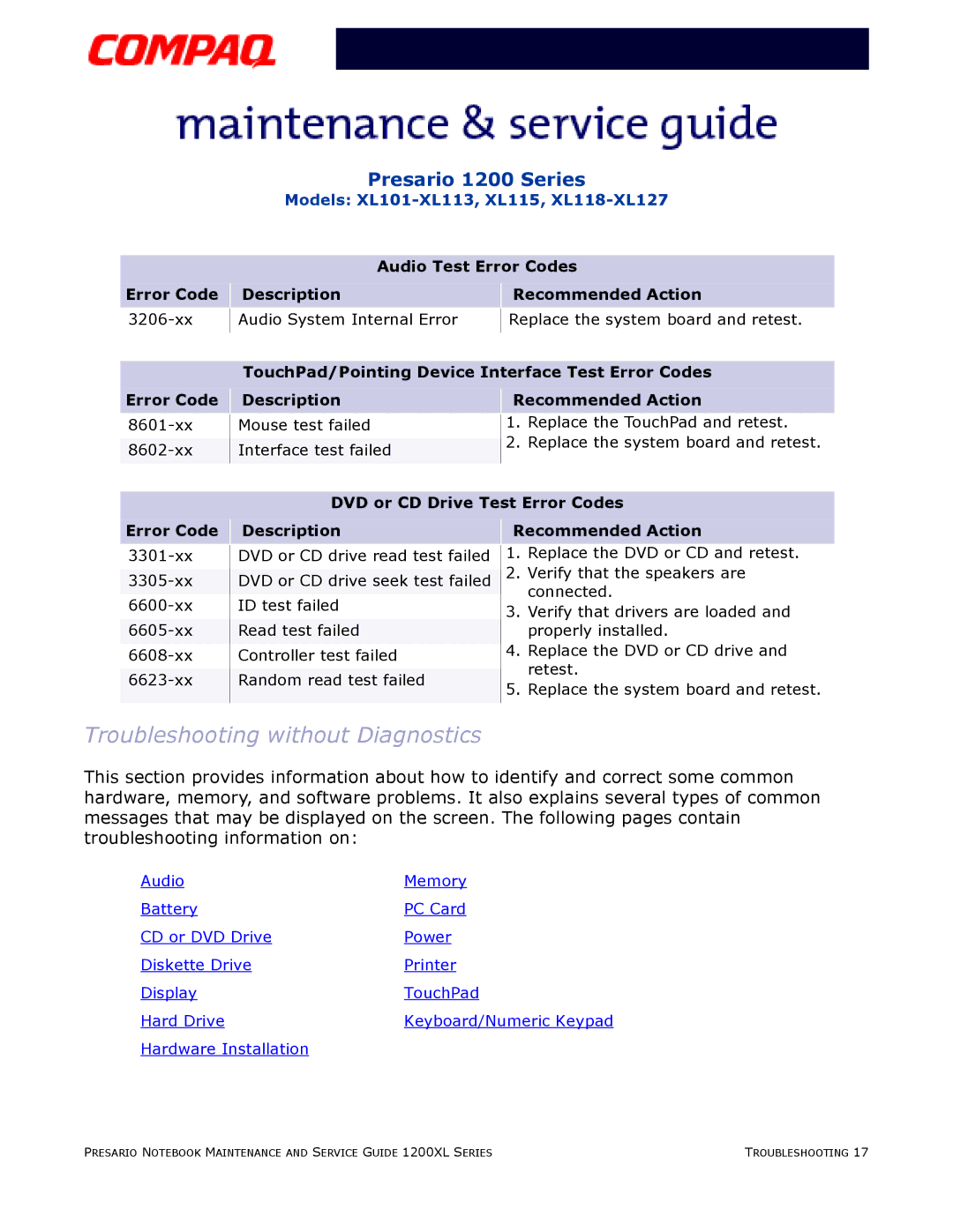 Compaq XL101-XL113, XL115, XL118-XL127 manual Troubleshooting without Diagnostics 