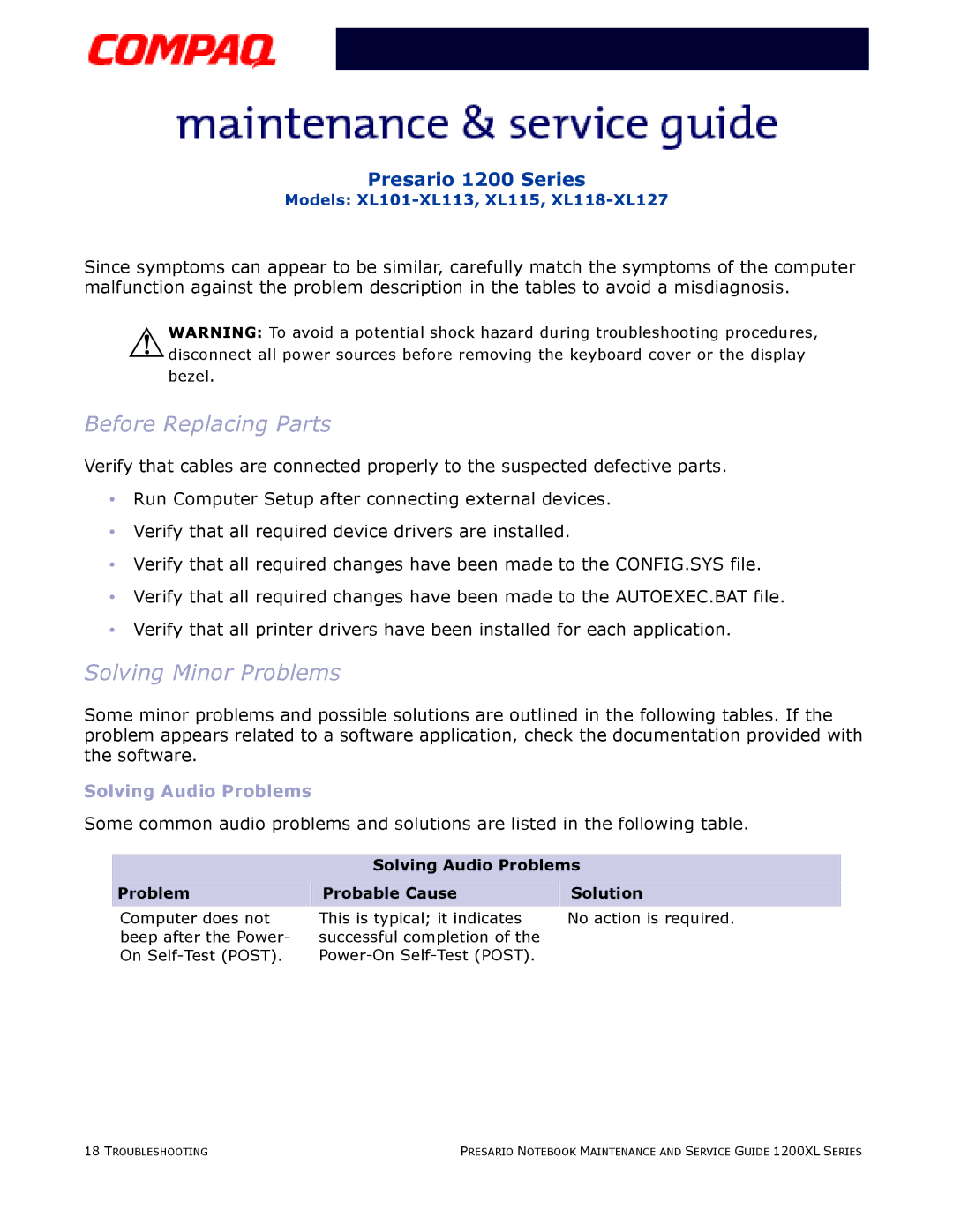 Compaq XL115, XL118-XL127 Before Replacing Parts, Solving Minor Problems, Solving Audio Problems Probable Cause Solution 