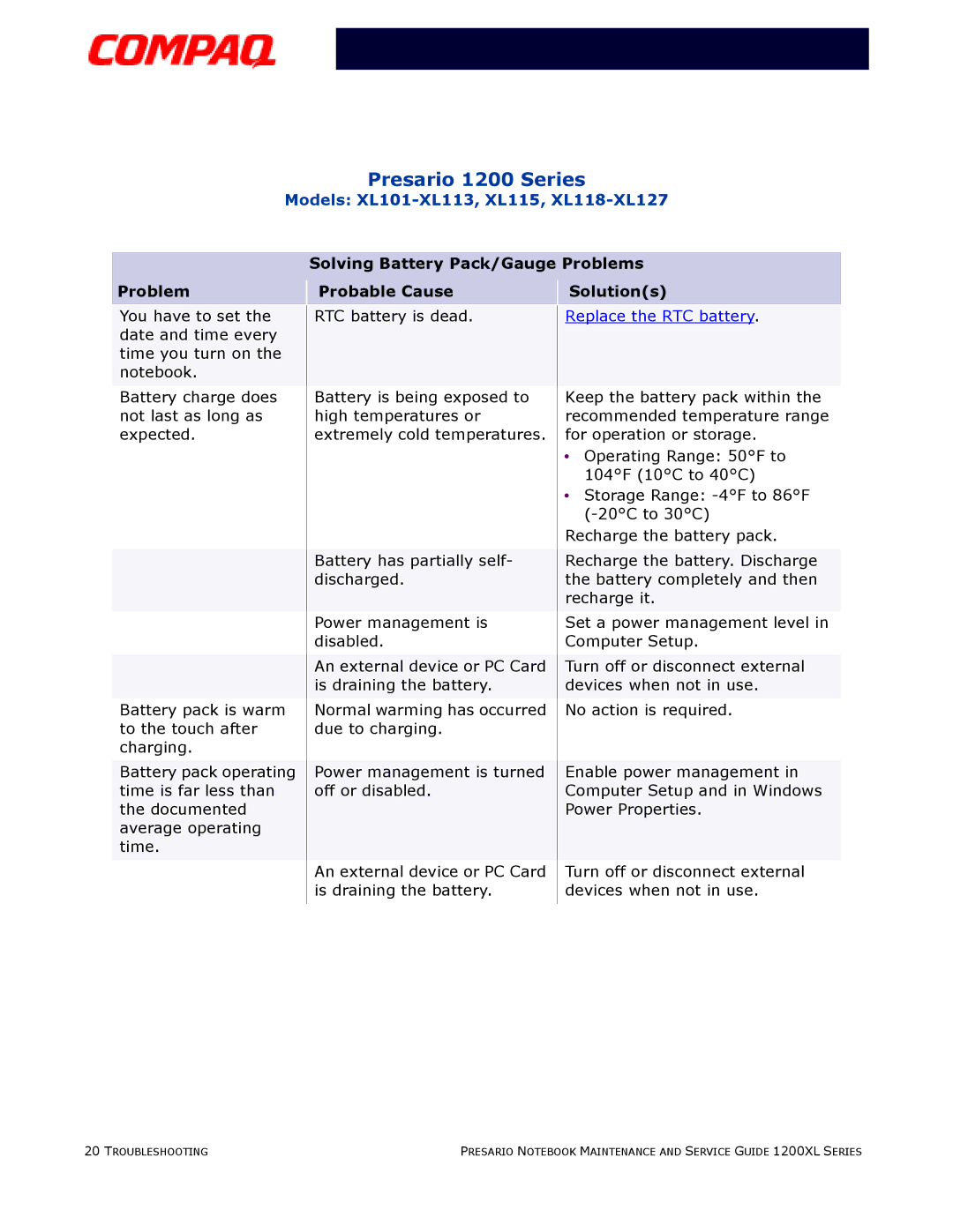 Compaq XL101-XL113, XL115, XL118-XL127 manual Solving Battery Pack/Gauge Problems 