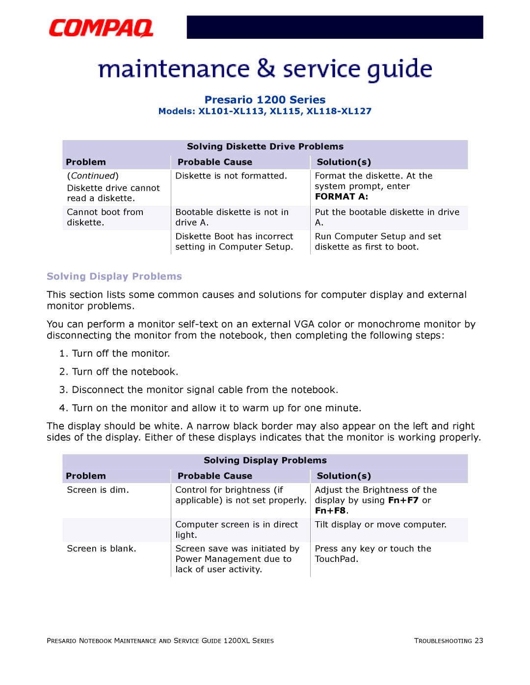 Compaq XL101-XL113, XL115, XL118-XL127 manual Solving Display Problems Probable Cause Solutions, Fn+F8 