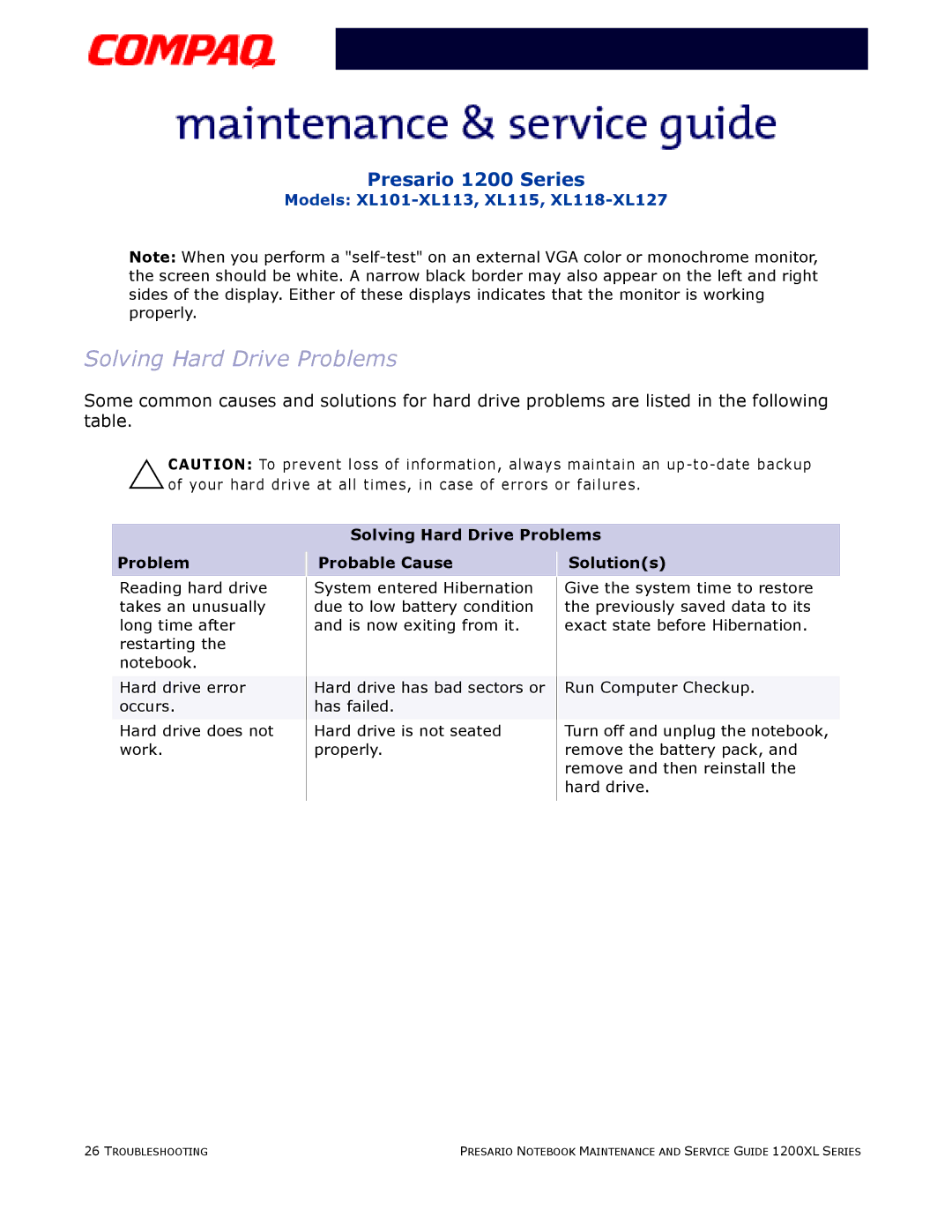 Compaq XL101-XL113, XL115, XL118-XL127 manual Solving Hard Drive Problems Probable Cause Solutions 