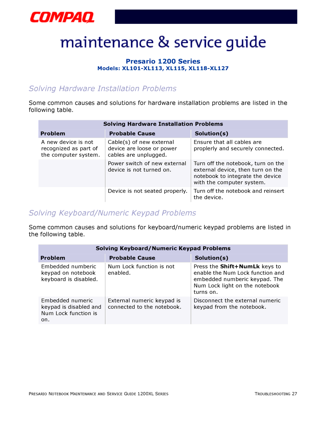 Compaq XL115, XL118-XL127, XL101-XL113 Solving Hardware Installation Problems, Solving Keyboard/Numeric Keypad Problems 