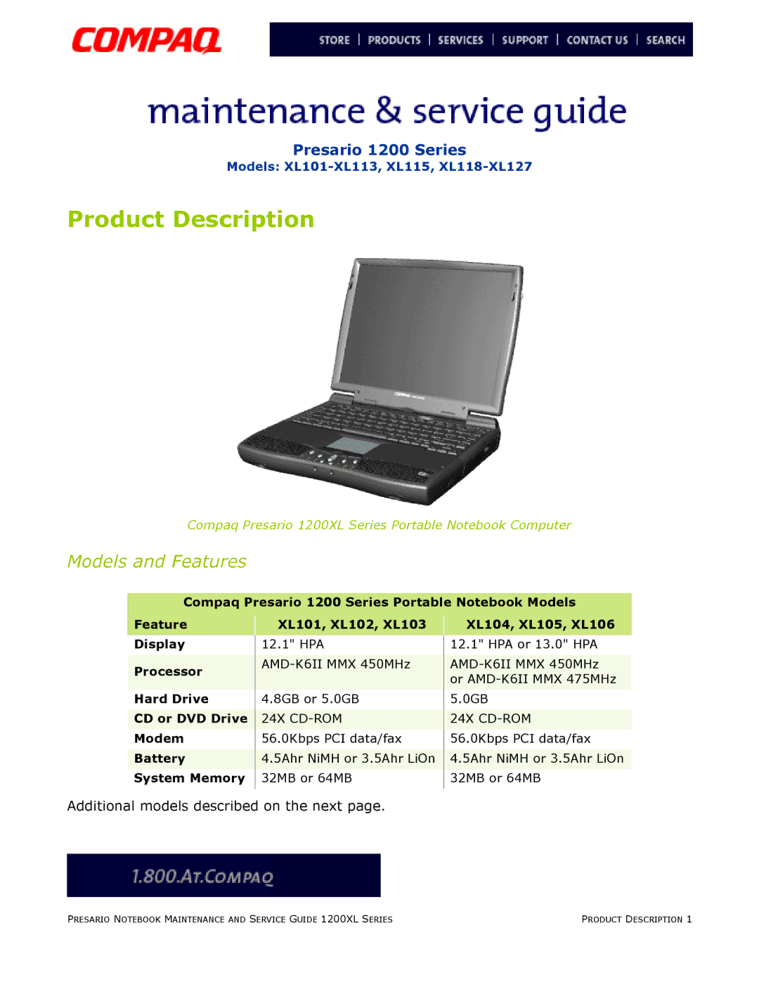 Compaq XL118-XL127, XL115, XL101-XL113 manual Models and Features, XL104, XL105, XL106 