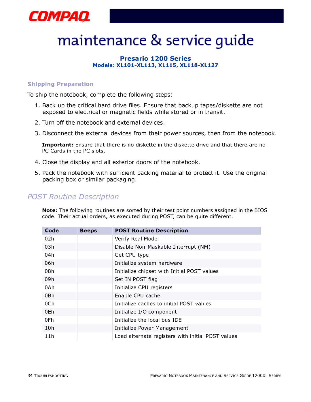 Compaq XL118-XL127, XL115, XL101-XL113 manual Code Beeps Post Routine Description 