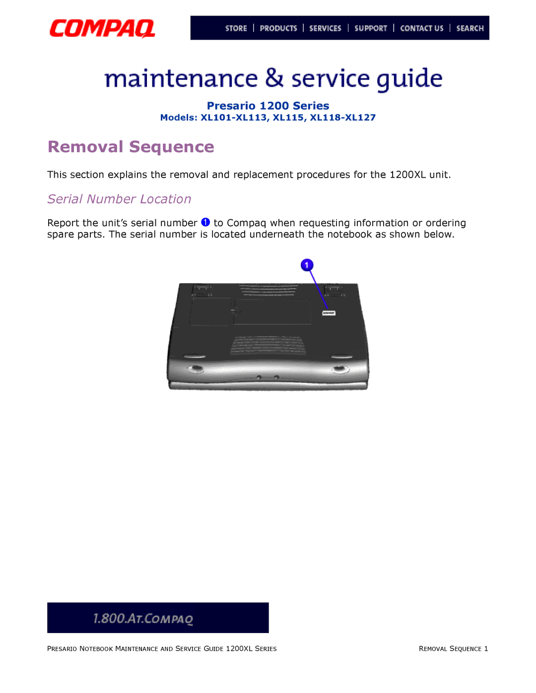 Compaq XL115, XL118-XL127, XL101-XL113 manual Removal Sequence, Serial Number Location 