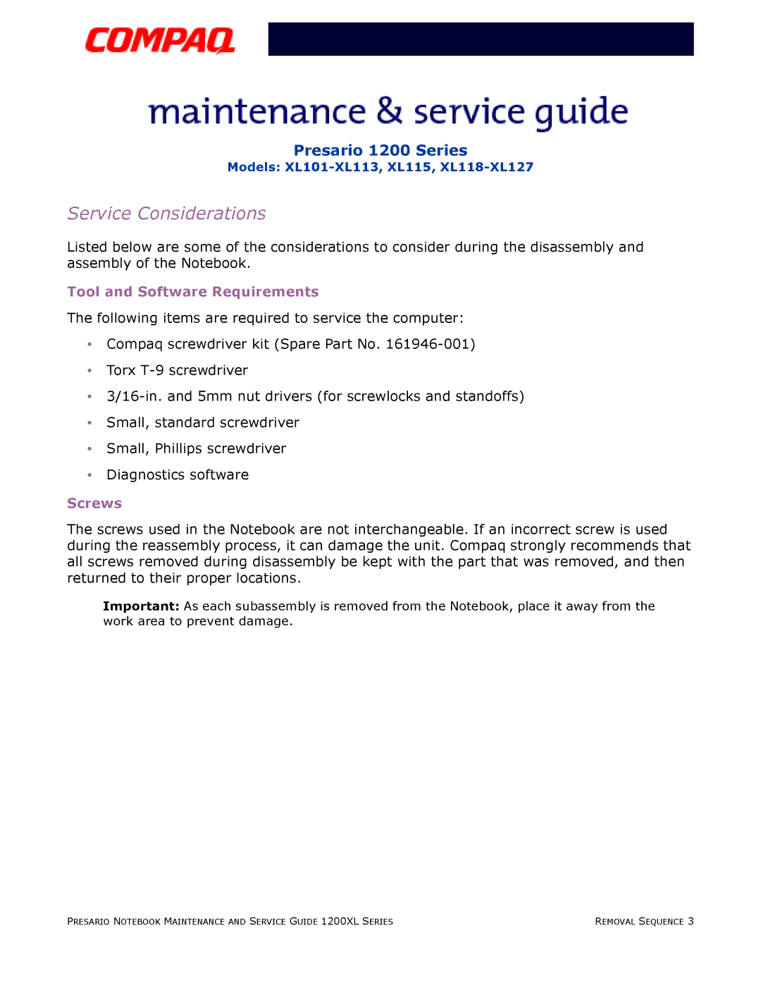 Compaq XL101-XL113, XL115, XL118-XL127 manual Service Considerations, Tool and Software Requirements 