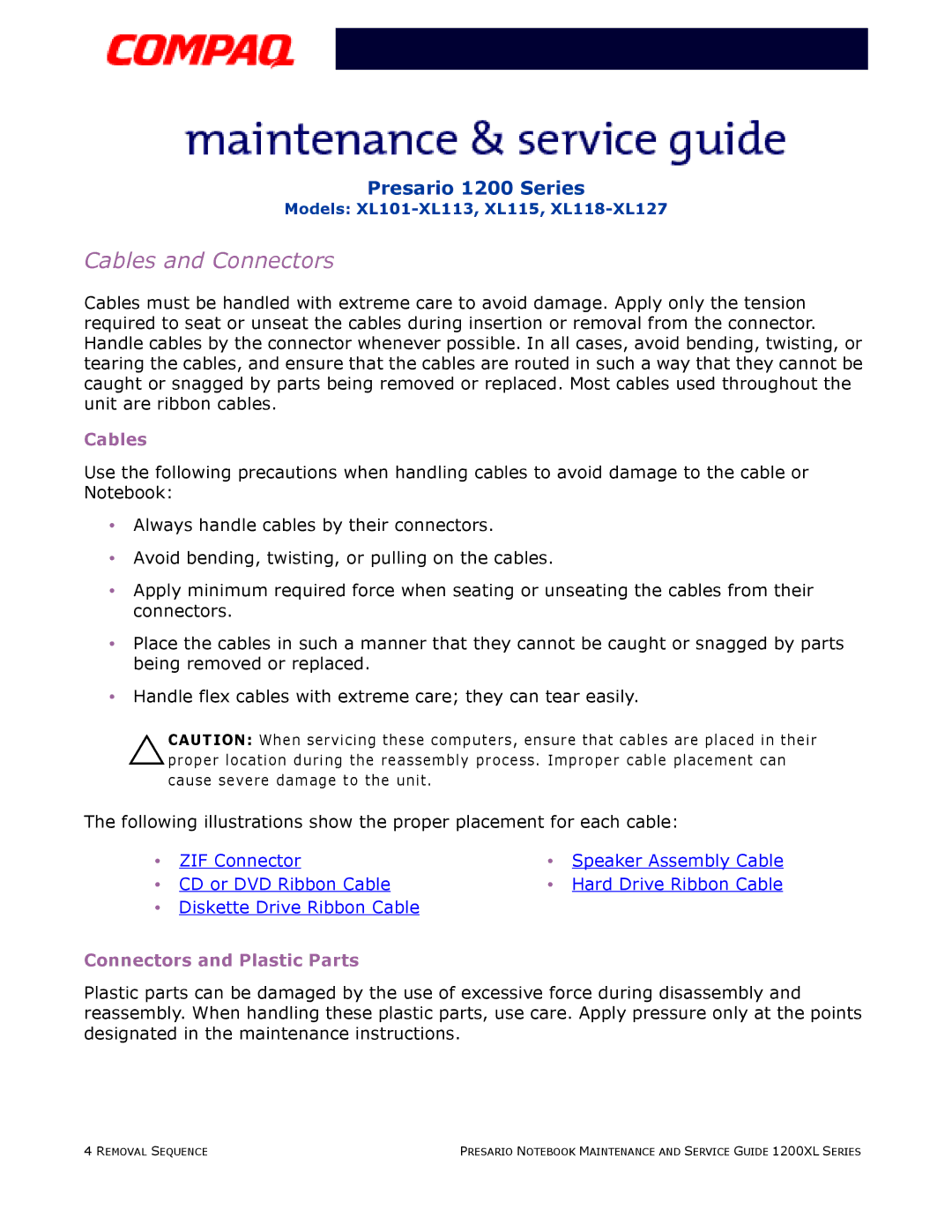Compaq XL115, XL118-XL127, XL101-XL113 manual Cables and Connectors 