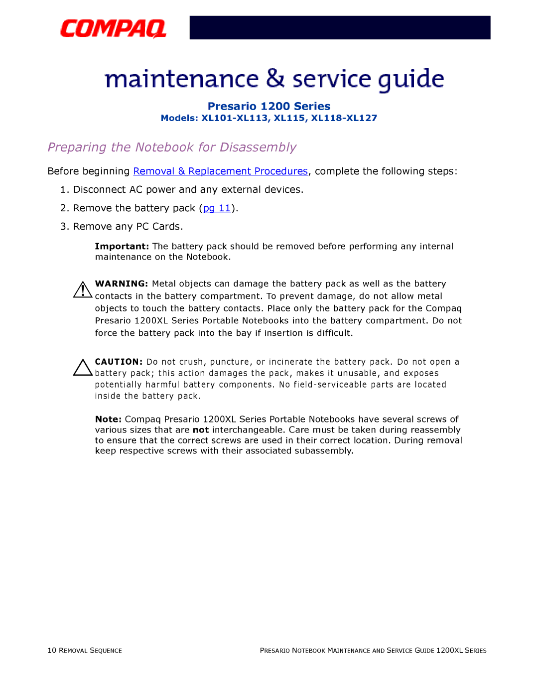 Compaq XL115, XL118-XL127, XL101-XL113 manual Preparing the Notebook for Disassembly 