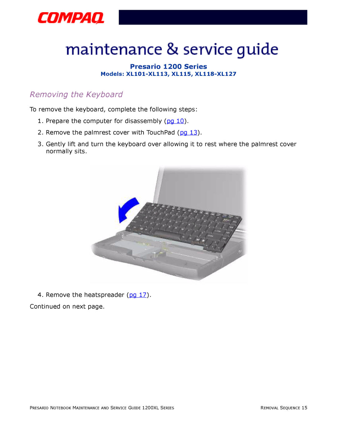 Compaq XL101-XL113, XL115, XL118-XL127 manual Removing the Keyboard 