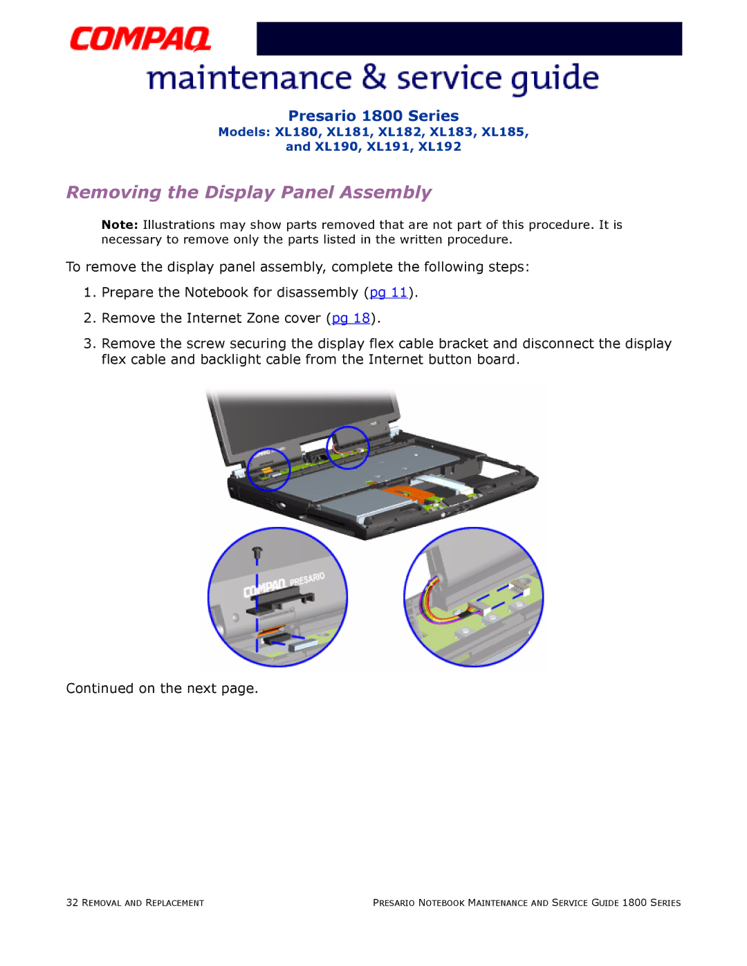 Compaq XL181, XL190, XL180, XL191, XL192, XL183, XL185, XL182 specifications Removing the Display Panel Assembly 