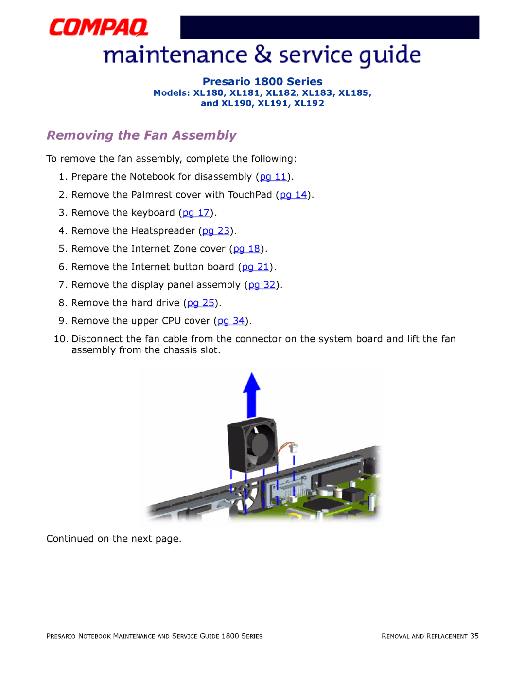 Compaq XL190, XL180, XL191, XL192, XL183, XL181, XL185, XL182 specifications Removing the Fan Assembly 