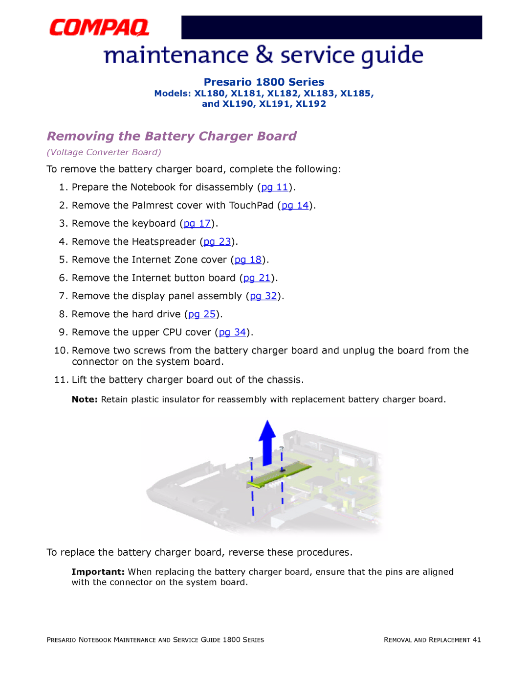 Compaq XL185, XL190, XL180, XL191, XL192, XL183, XL181, XL182 specifications Removing the Battery Charger Board 