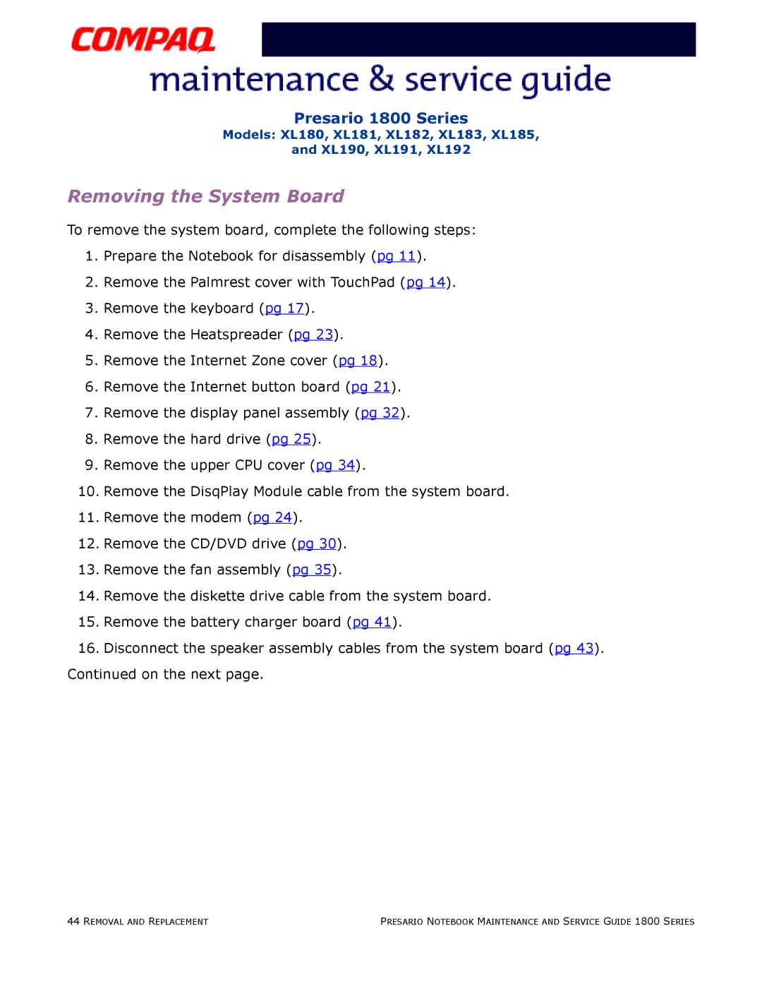 Compaq XL180, XL190, XL191, XL192, XL183, XL181, XL185, XL182 specifications Removing the System Board 