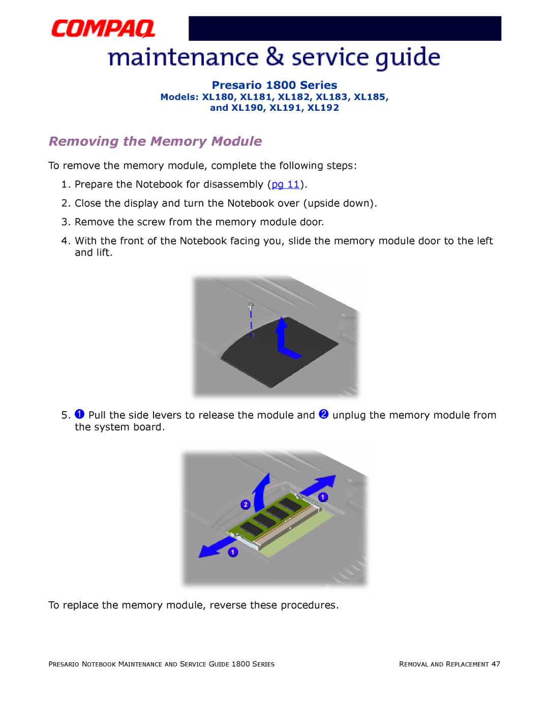 Compaq XL183, XL190, XL180, XL191, XL192, XL181, XL185, XL182 specifications Removing the Memory Module 