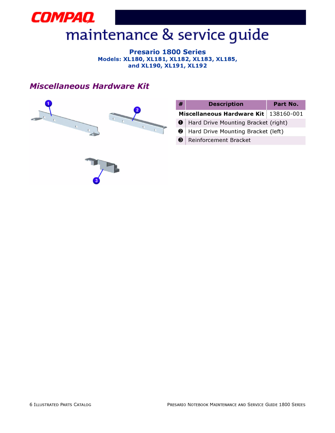 Compaq XL192, XL190, XL180, XL191, XL183, XL181, XL185, XL182 specifications # Description Miscellaneous Hardware Kit 