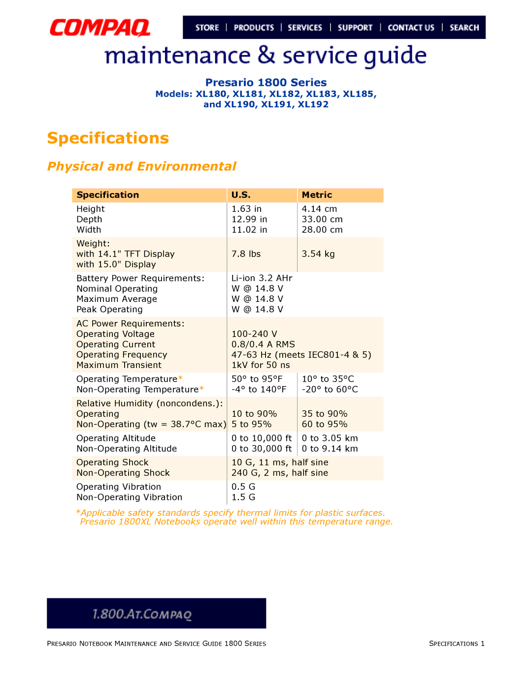 Compaq XL190, XL180, XL191, XL192, XL183, XL181, XL185, XL182 specifications Specification, Metric 