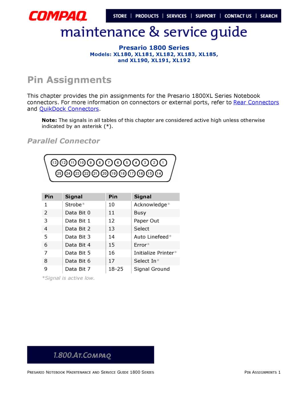 Compaq XL190, XL180, XL191, XL192, XL183, XL181, XL185, XL182 specifications Pin Assignments, Pin Signal 