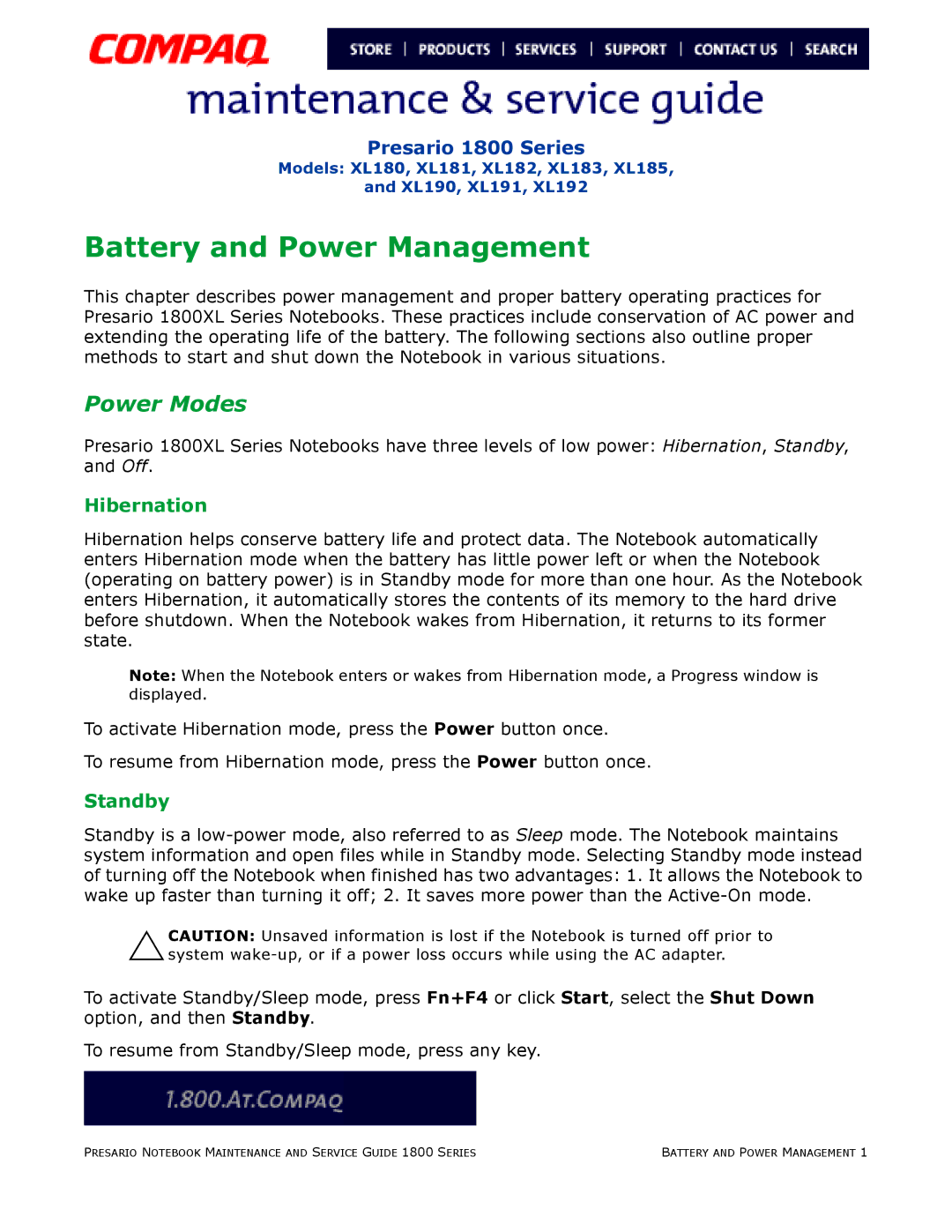 Compaq XL185, XL190, XL180, XL191, XL192, XL183, XL181, XL182 specifications Battery and Power Management 