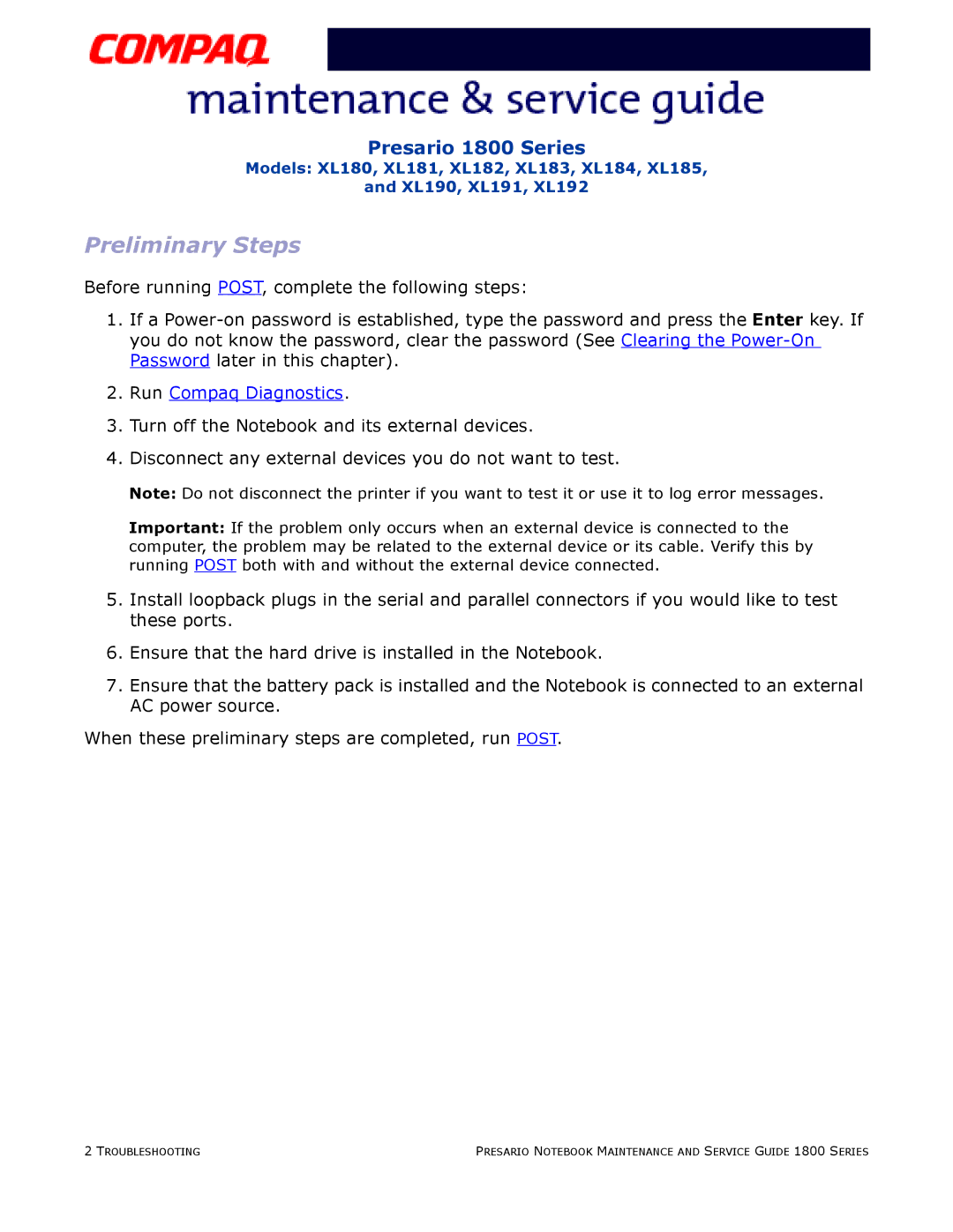 Compaq XL185, XL190, XL180, XL191, XL192, XL183, XL181, XL182 specifications Preliminary Steps 