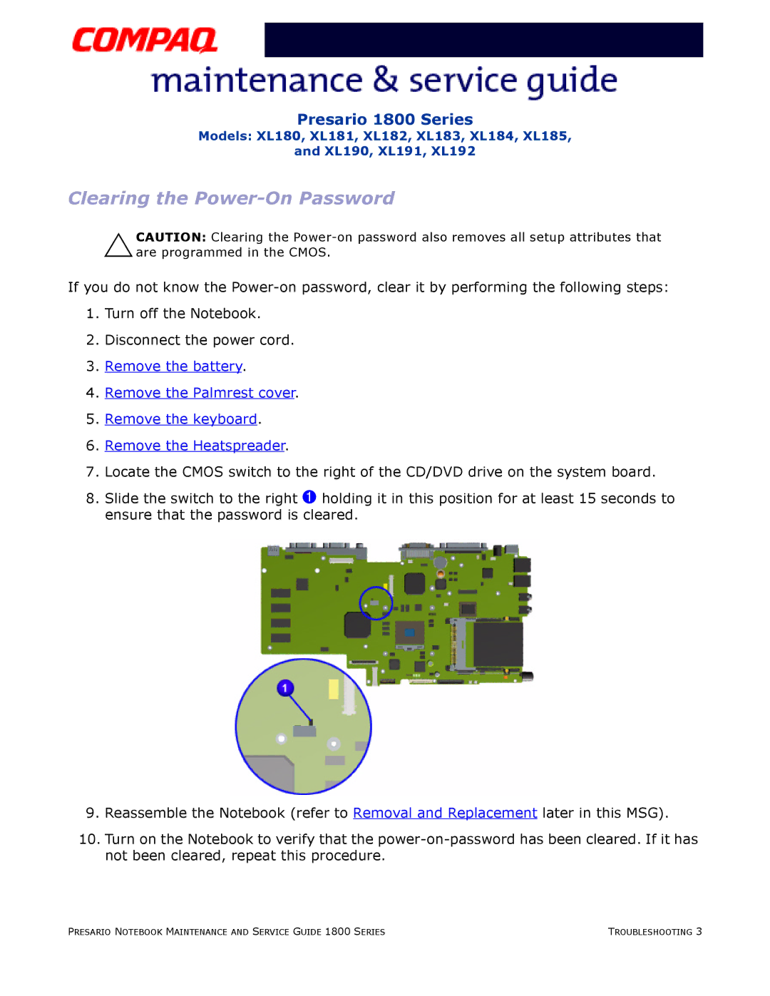 Compaq XL182, XL190, XL180, XL191, XL192, XL183, XL181, XL185 specifications Clearing the Power-On Password 