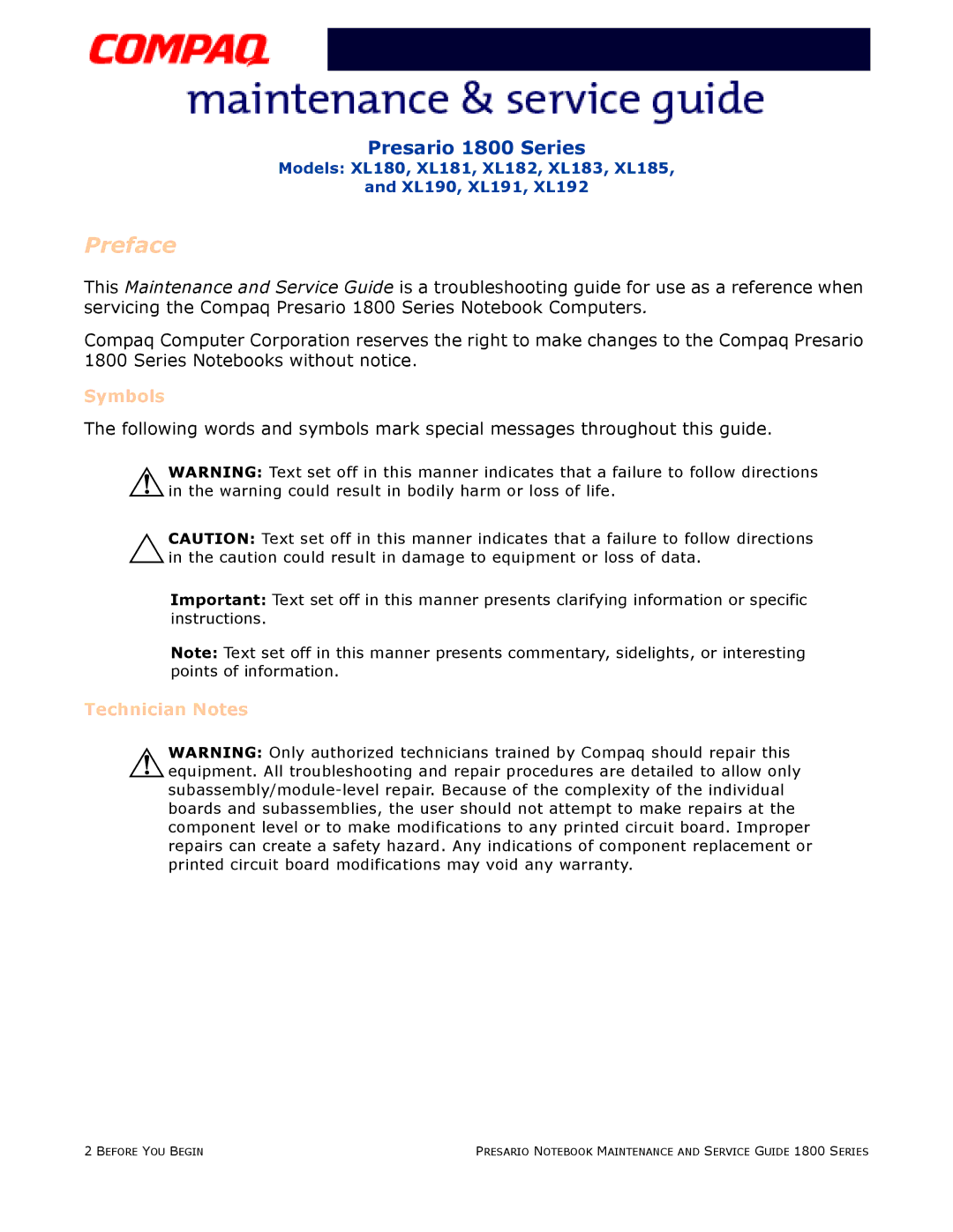 Compaq XL183, XL190, XL180, XL191, XL192, XL181, XL185, XL182 specifications Preface 