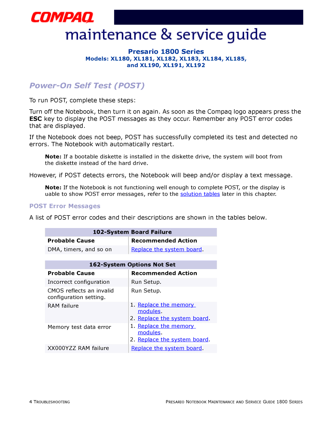 Compaq XL190, XL180, XL191, XL192, XL183, XL181 Post Error Messages, System Board Failure Probable Cause, Recommended Action 