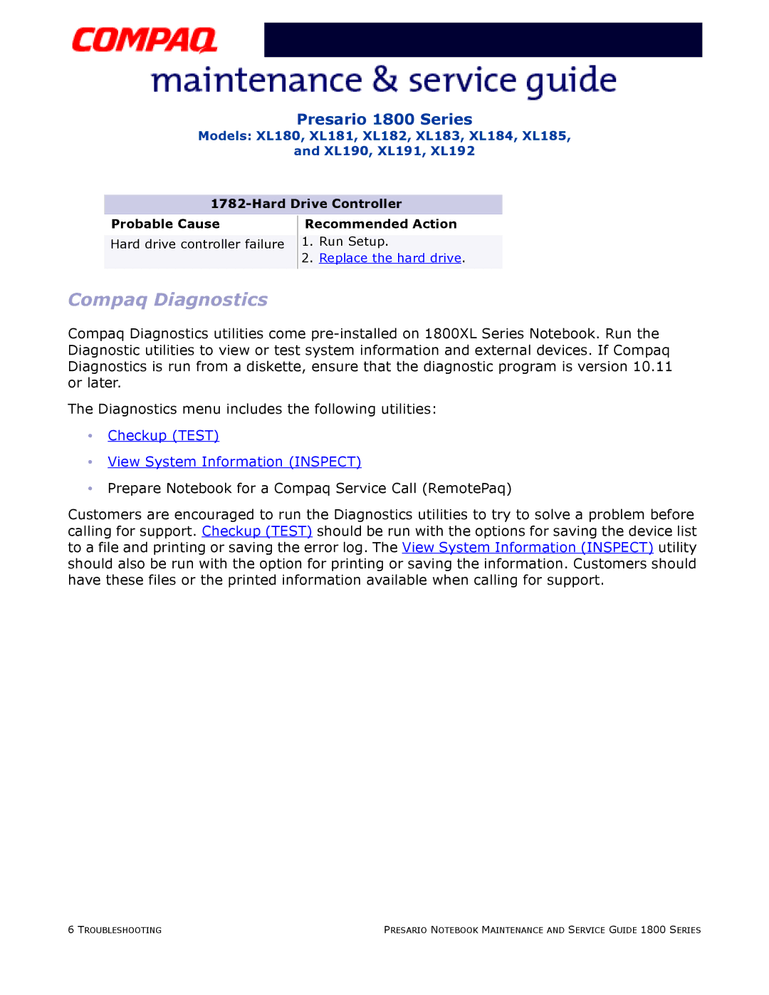 Compaq XL191, XL190, XL180, XL192, XL183, XL181, XL185, XL182 Compaq Diagnostics, Hard Drive Controller Probable Cause 