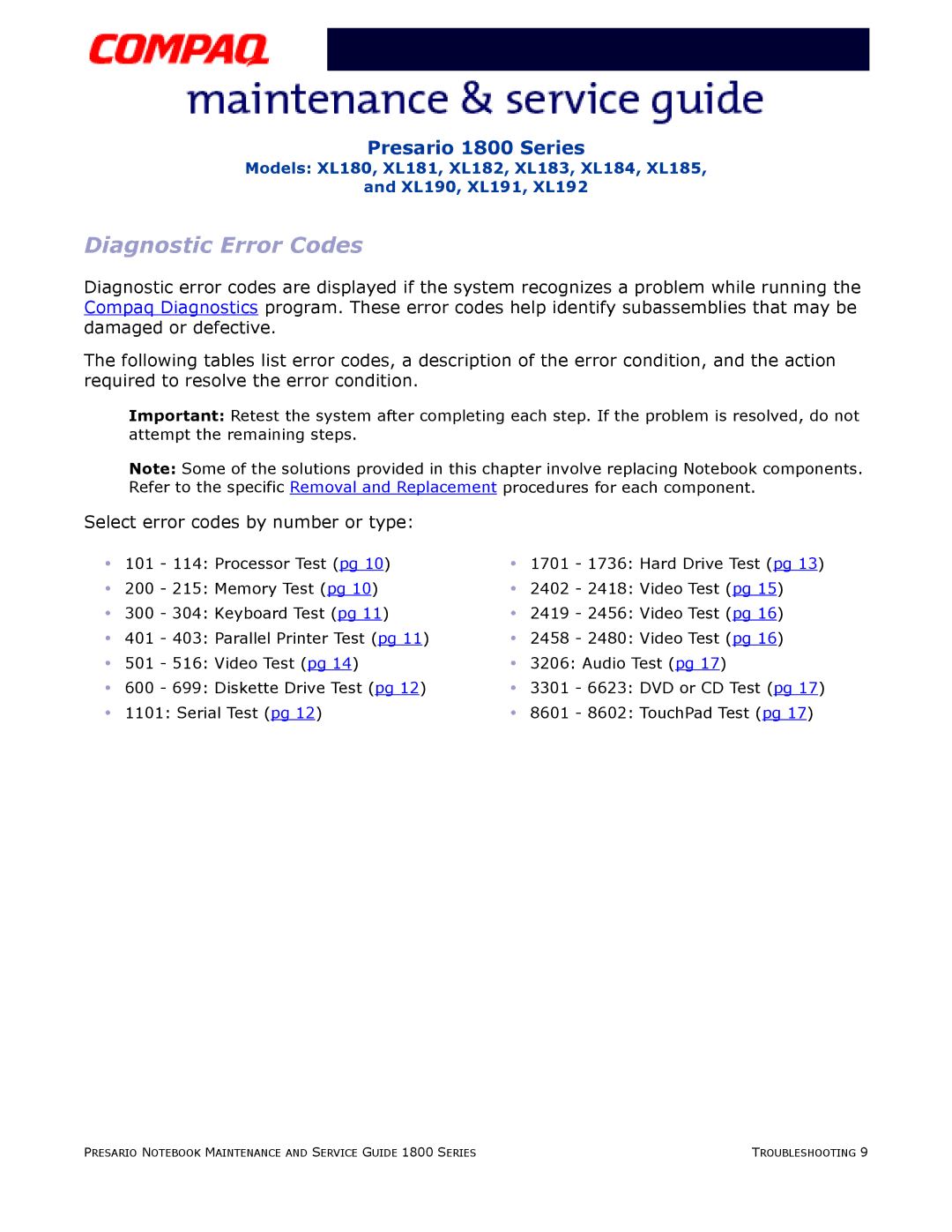 Compaq XL181, XL190, XL180, XL191, XL192, XL183, XL185, XL182 specifications Diagnostic Error Codes 