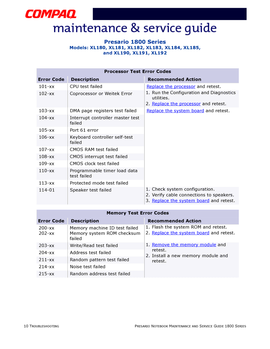 Compaq XL185, XL190, XL180 Processor Test Error Codes, Error Code Description Recommended Action, Memory Test Error Codes 
