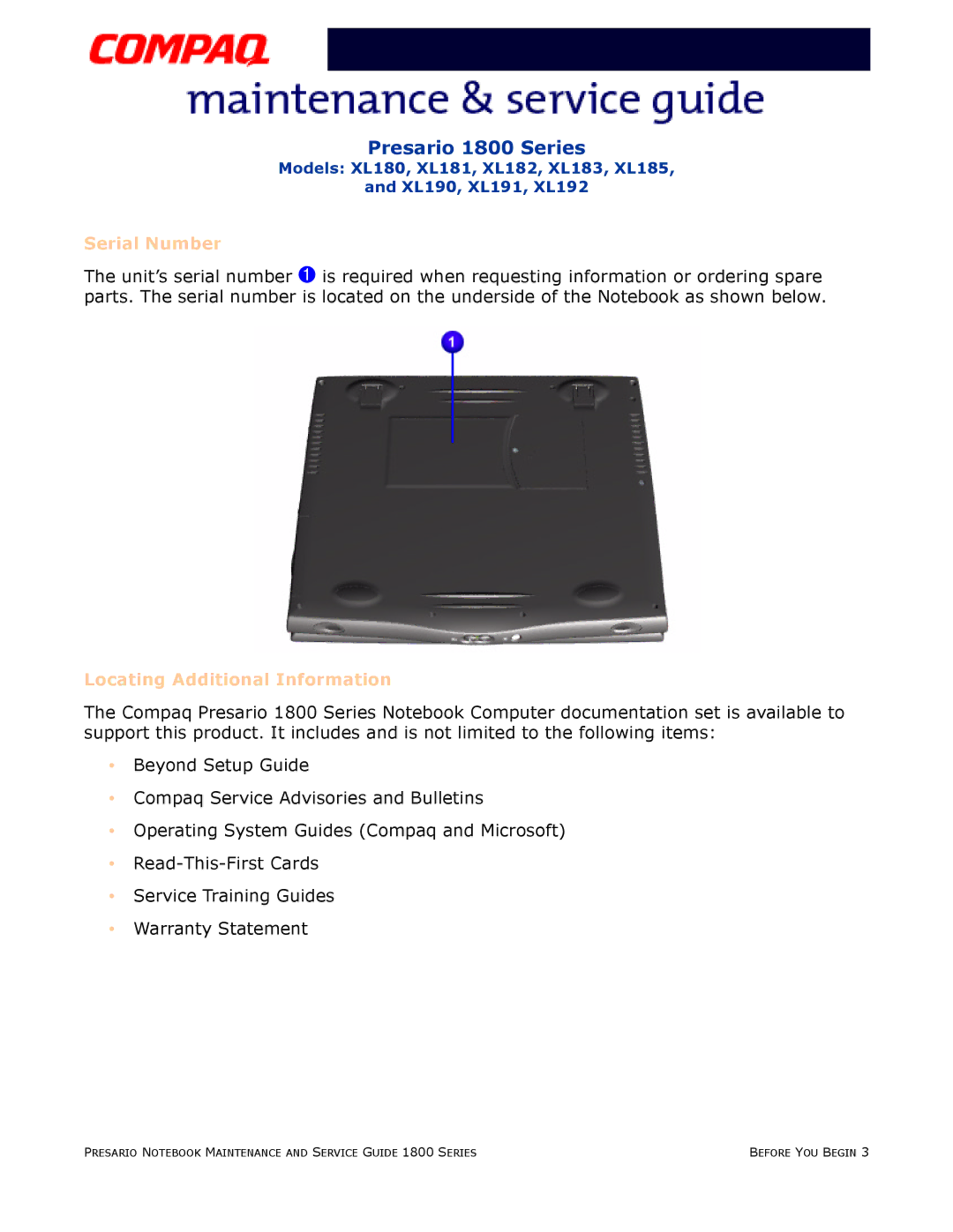 Compaq XL181, XL190, XL180, XL191, XL192, XL183, XL185, XL182 specifications Serial Number 