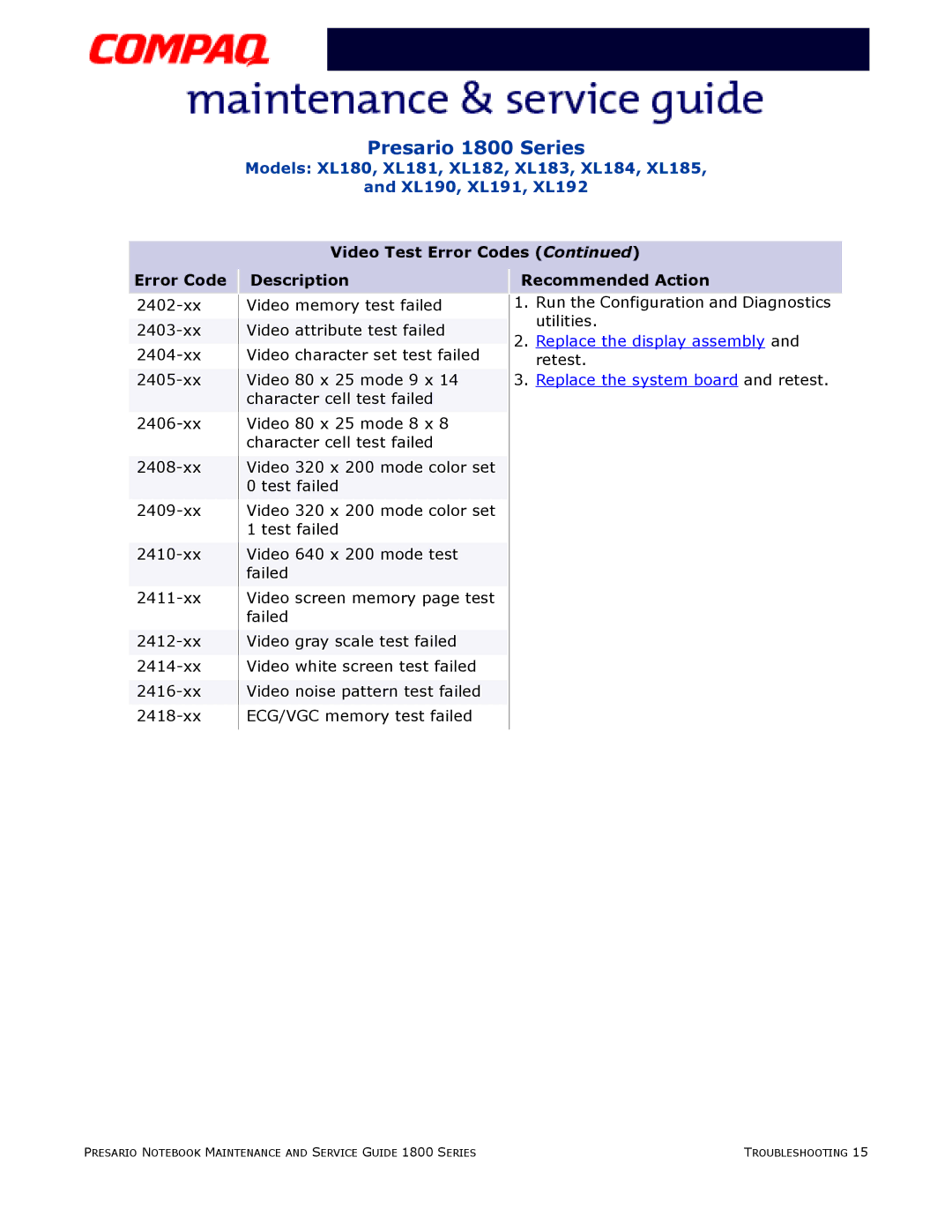 Compaq XL192, XL190, XL180, XL191, XL183, XL181, XL185, XL182 specifications Presario 1800 Series 