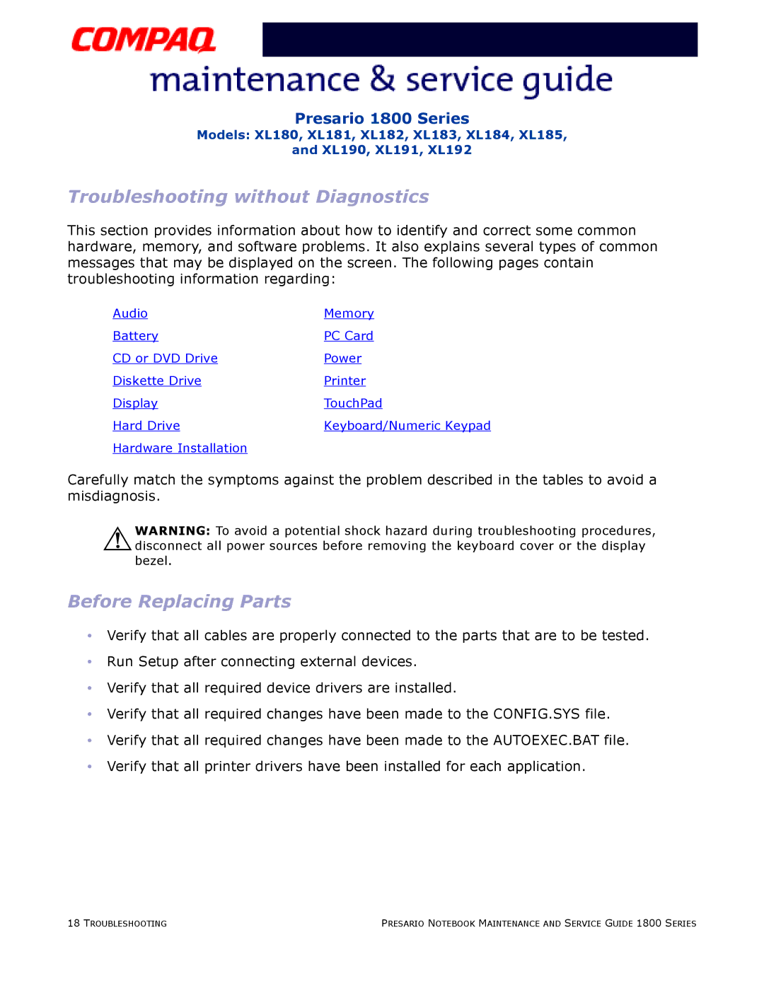 Compaq XL185, XL190, XL180, XL191, XL192, XL183, XL181, XL182 specifications Troubleshooting without Diagnostics 