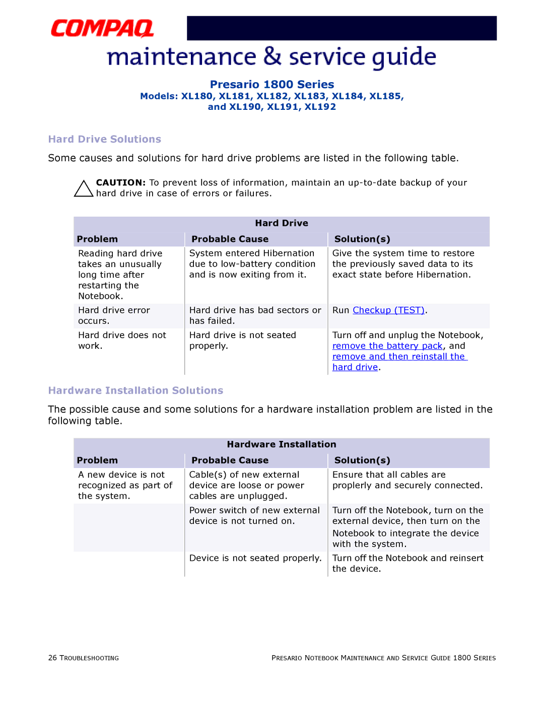 Compaq XL185, XL190 Hard Drive Solutions, Hardware Installation Solutions, Hard Drive Problem Probable Cause Solutions 