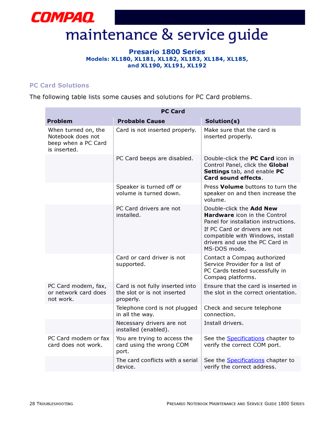 Compaq XL190, XL180, XL191, XL192, XL183, XL181, XL185, XL182 PC Card Solutions, PC Card Problem Probable Cause Solutions 