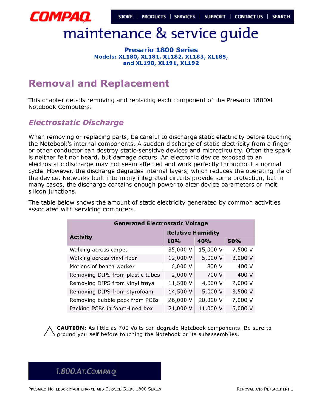 Compaq XL185, XL190, XL180, XL191, XL192, XL183, XL181, XL182 specifications Removal and Replacement, Electrostatic Discharge 