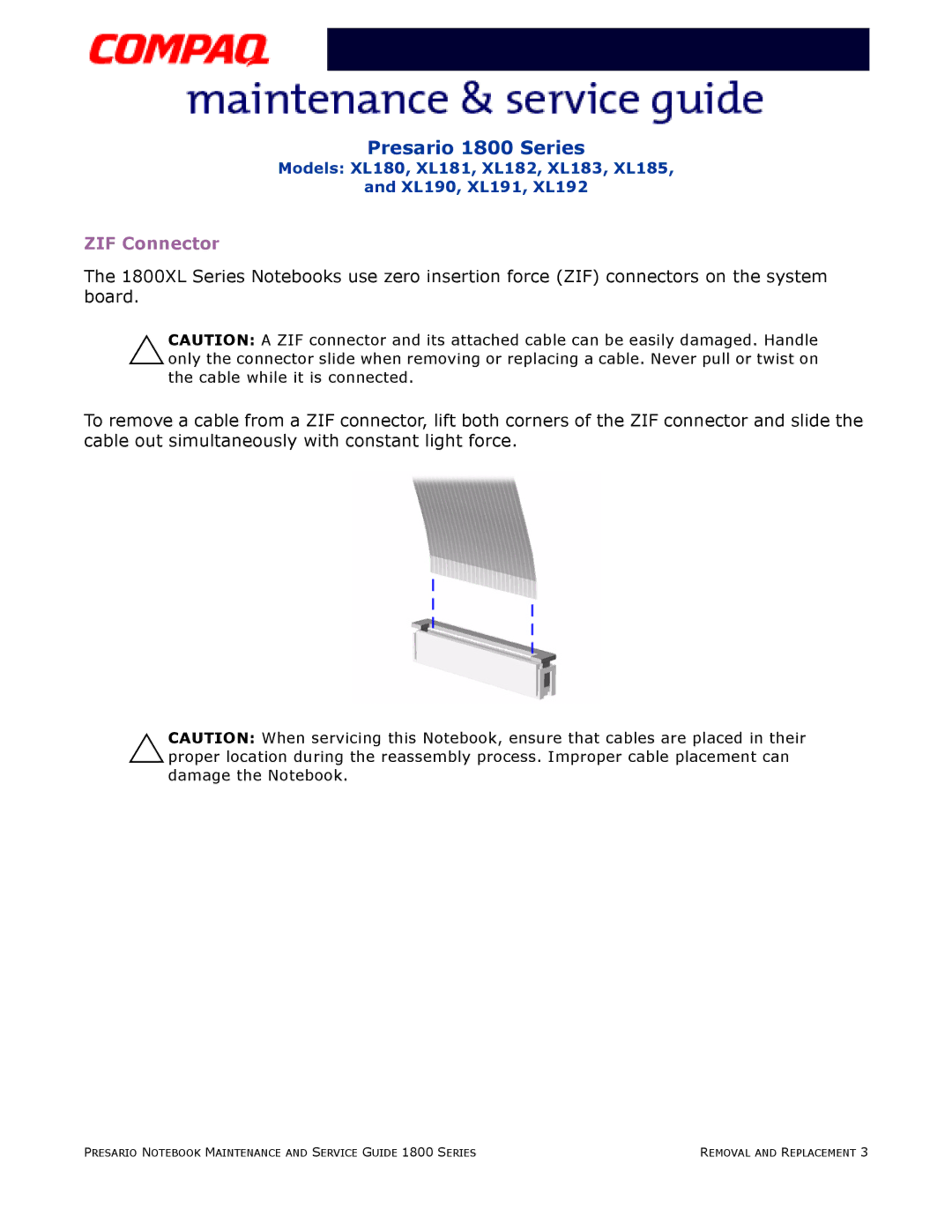 Compaq XL190, XL180, XL191, XL192, XL183, XL181, XL185, XL182 specifications ZIF Connector 