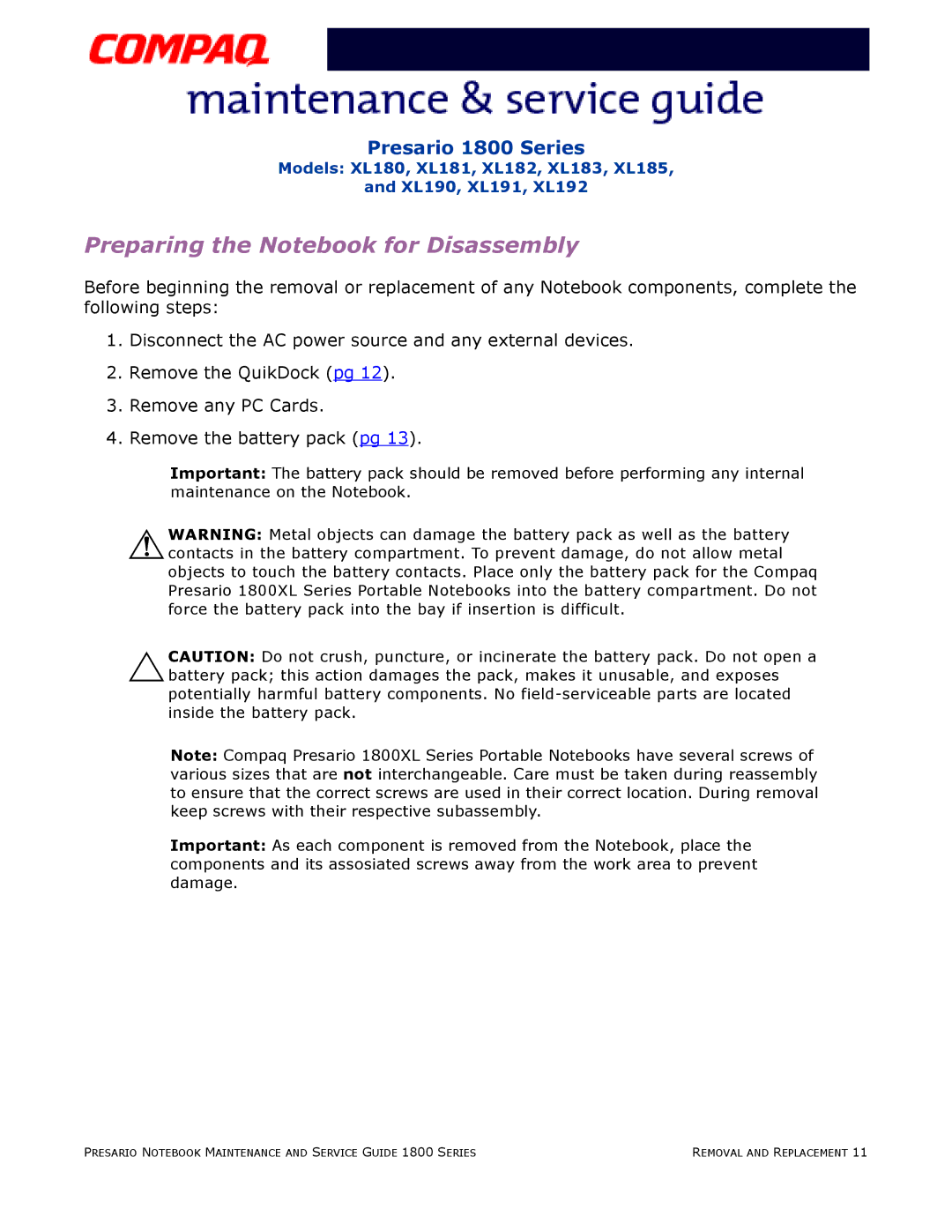 Compaq XL190, XL180, XL191, XL192, XL183, XL181, XL185, XL182 specifications Preparing the Notebook for Disassembly 