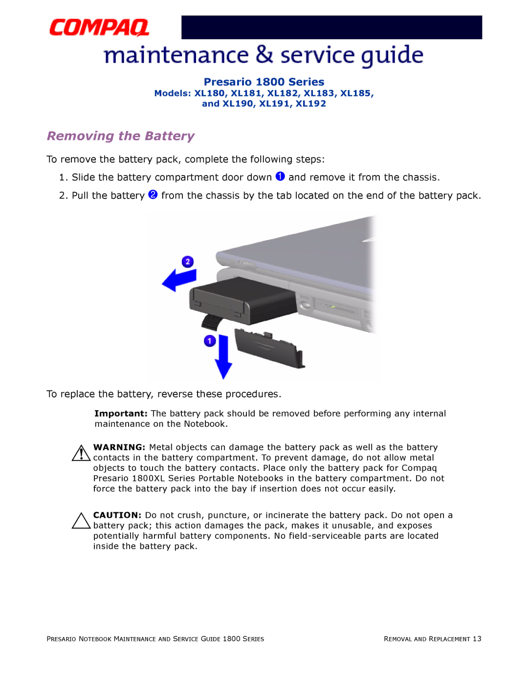 Compaq XL191, XL190, XL180, XL192, XL183, XL181, XL185, XL182 specifications Removing the Battery 